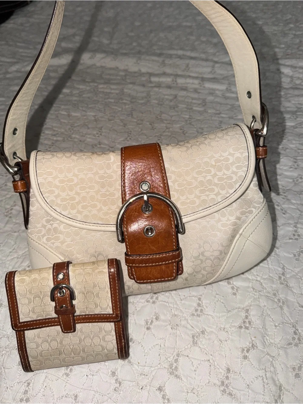 Coach Cream and Brown Signature Shoulder Bag with Matching Wallet